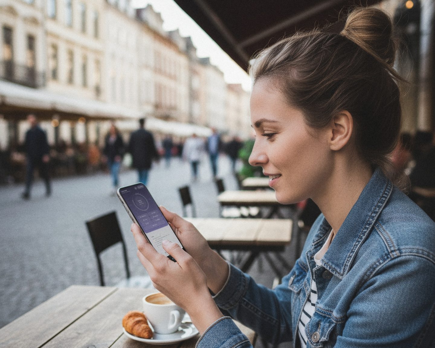 A woman at a café table, checking her phone over coffee