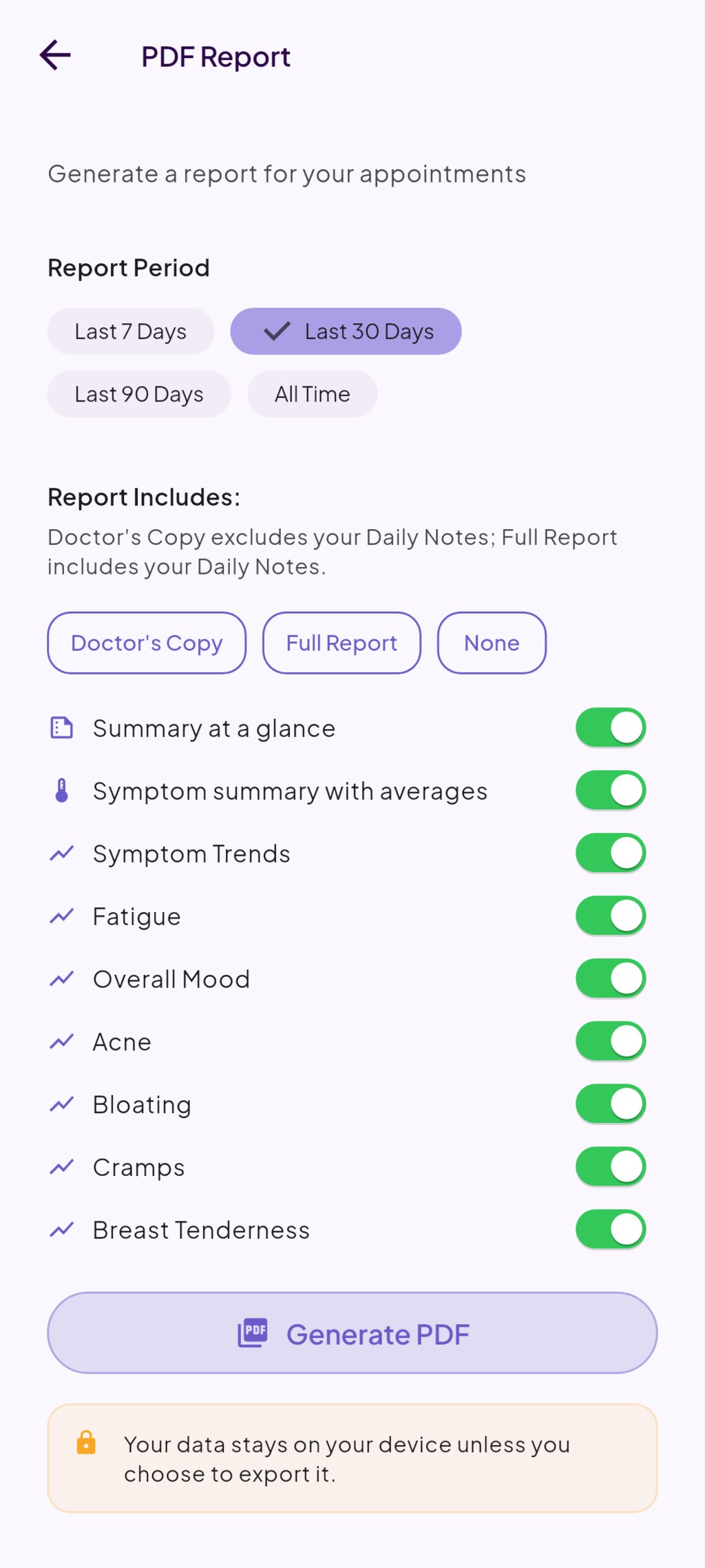 Doctor-ready PDF report