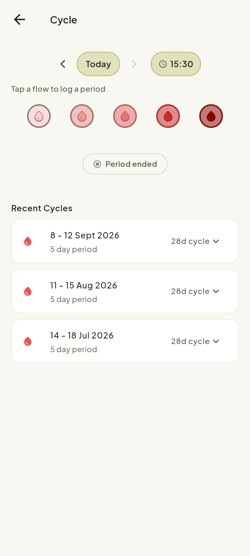 Period logging with flow and cycle history