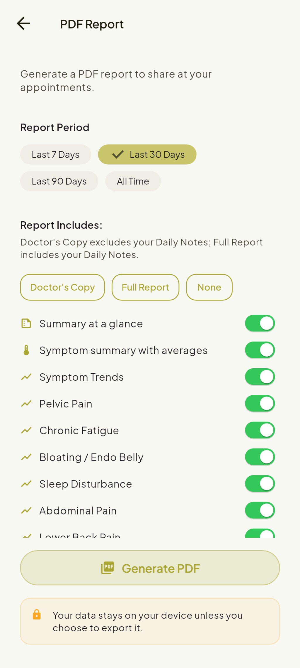 Doctor-ready PDF report