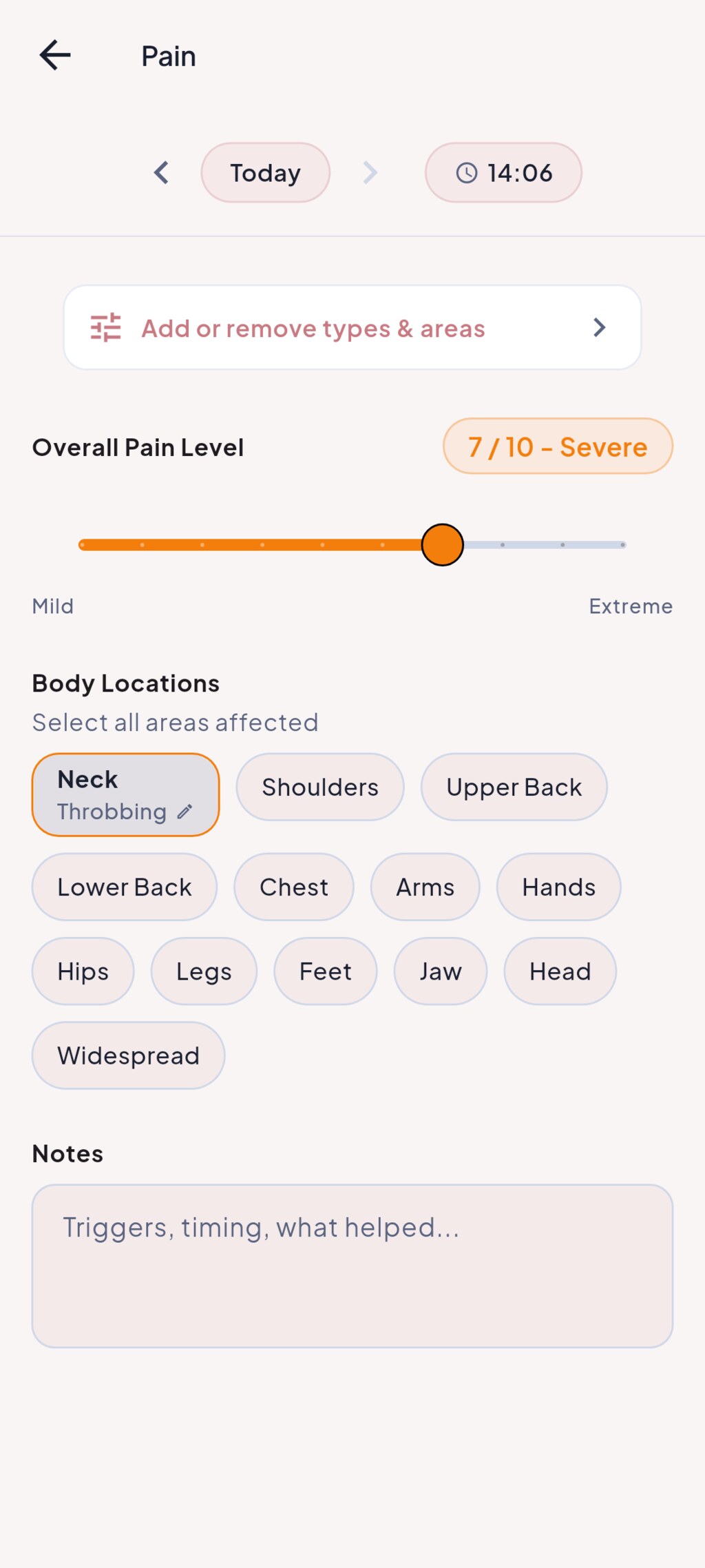 Pain tracking by type and body area