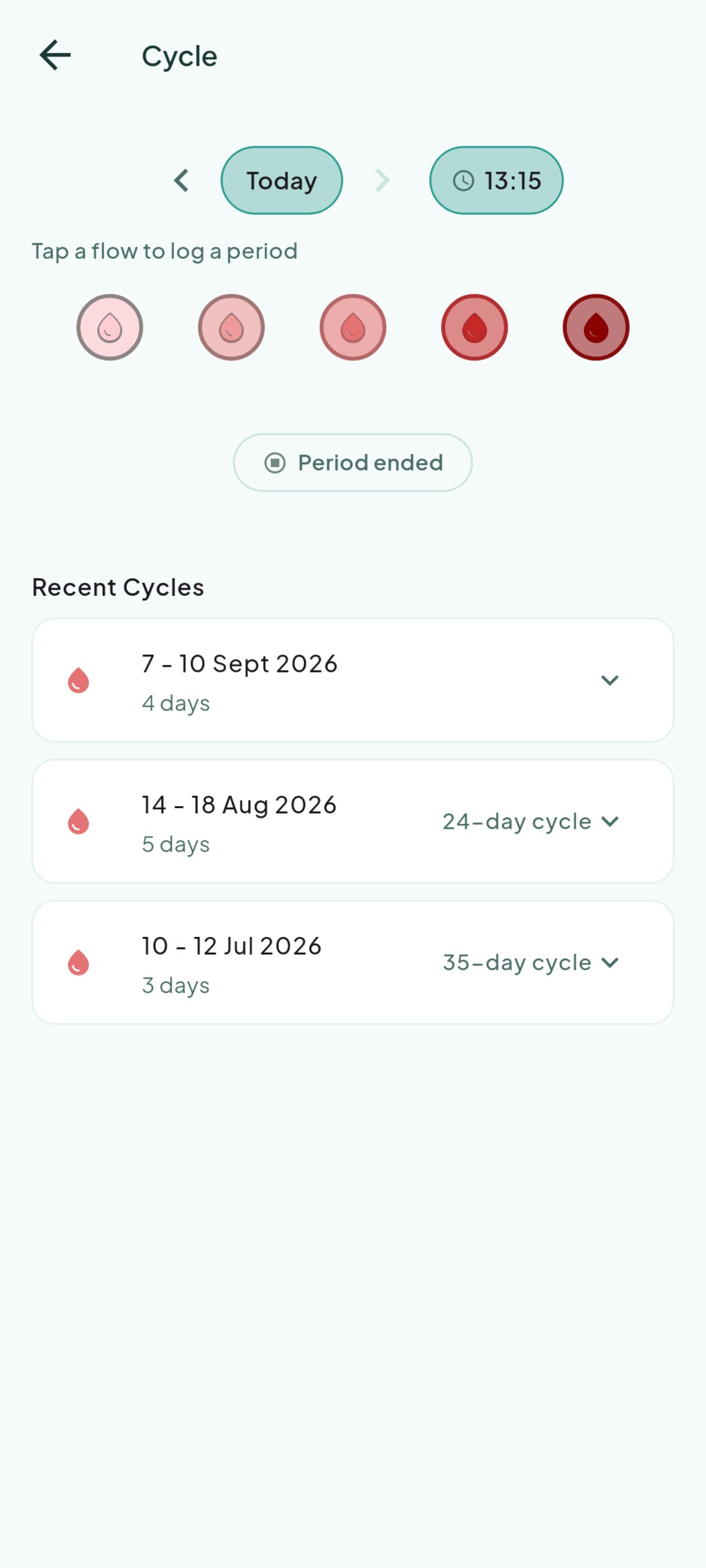 Period logging with flow and cycle history