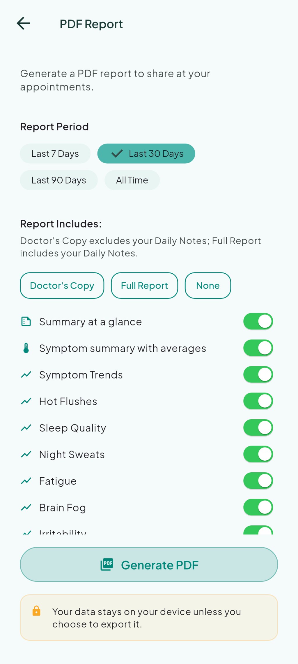 Doctor-ready PDF report