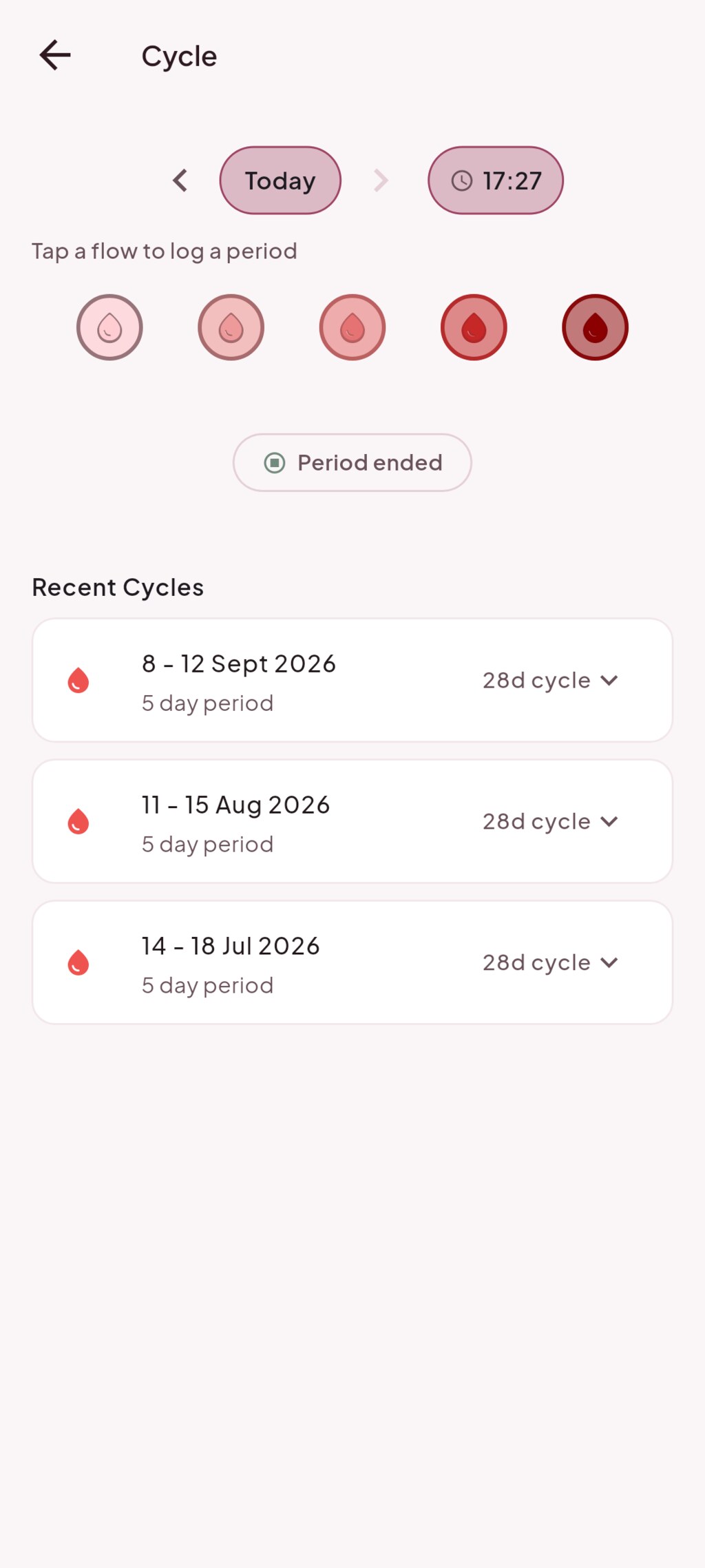 Period logging with flow and cycle history