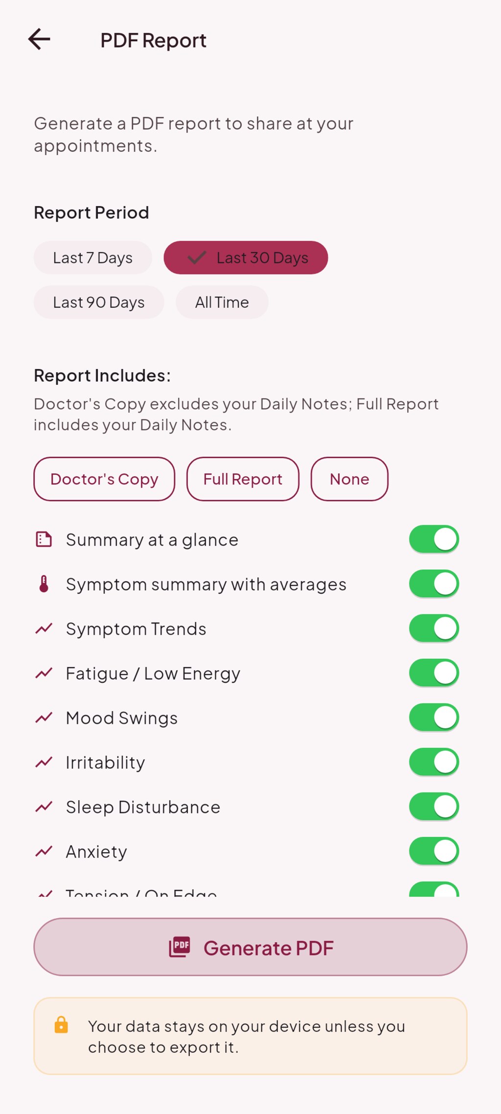 Doctor-ready PDF report
