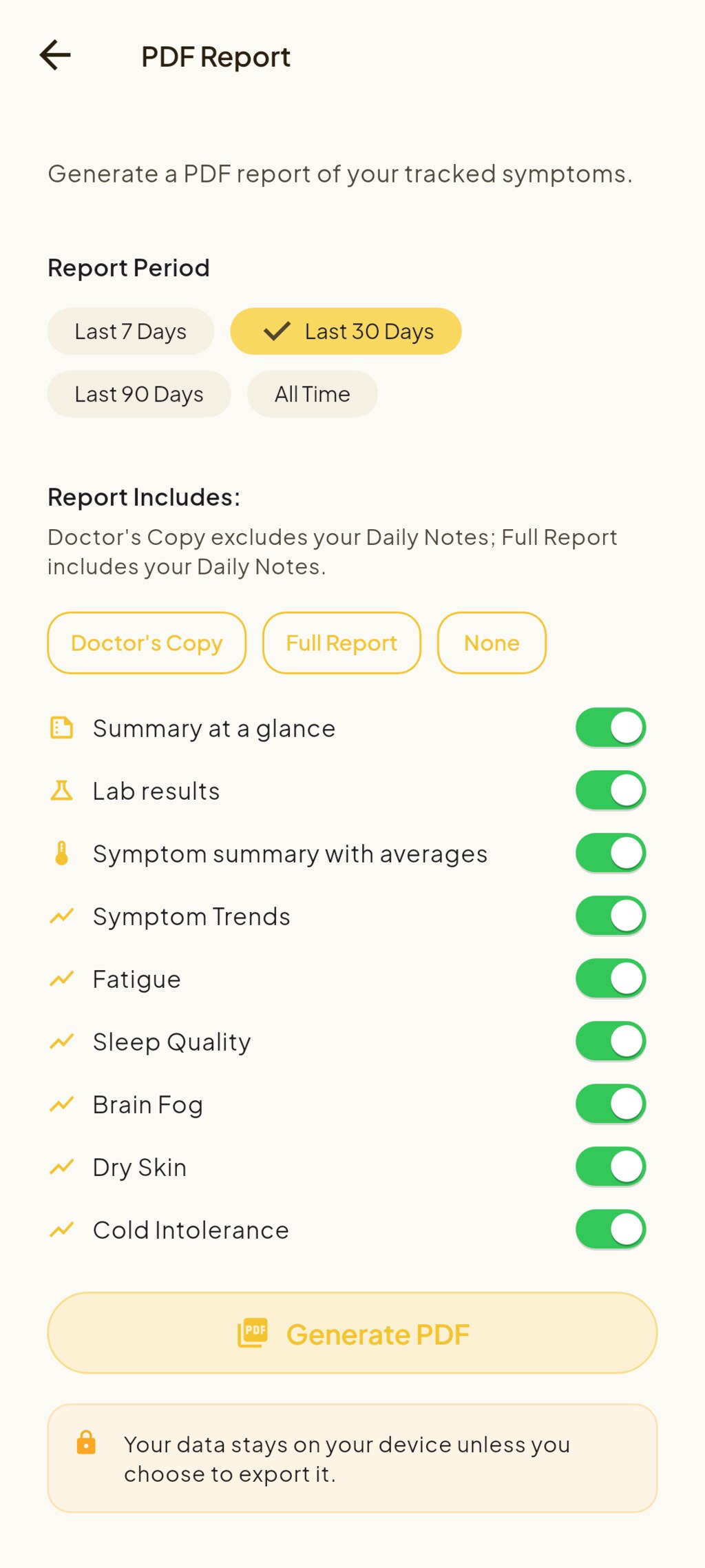 Doctor-ready PDF report, including lab results